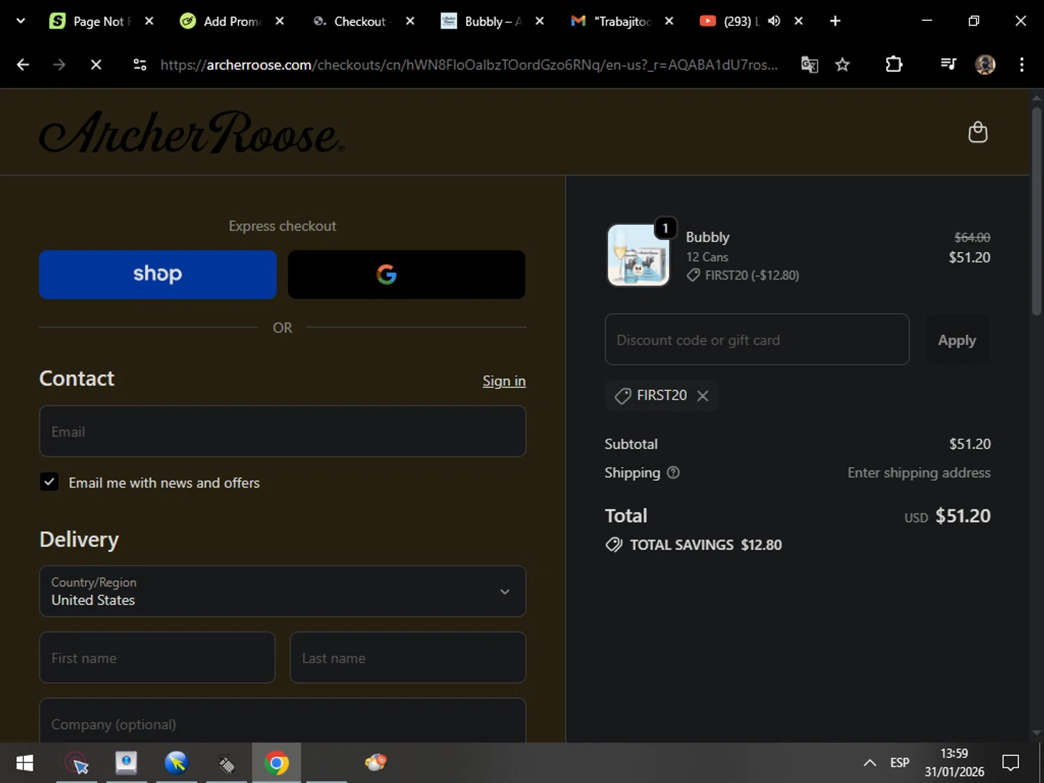 Archer Roose promo code screenshot showing code FIRST20 applied at Archer Roose checkout page. Uploaded by SimplyCodes community member MarcosAranguren on Jan 31, 2026
