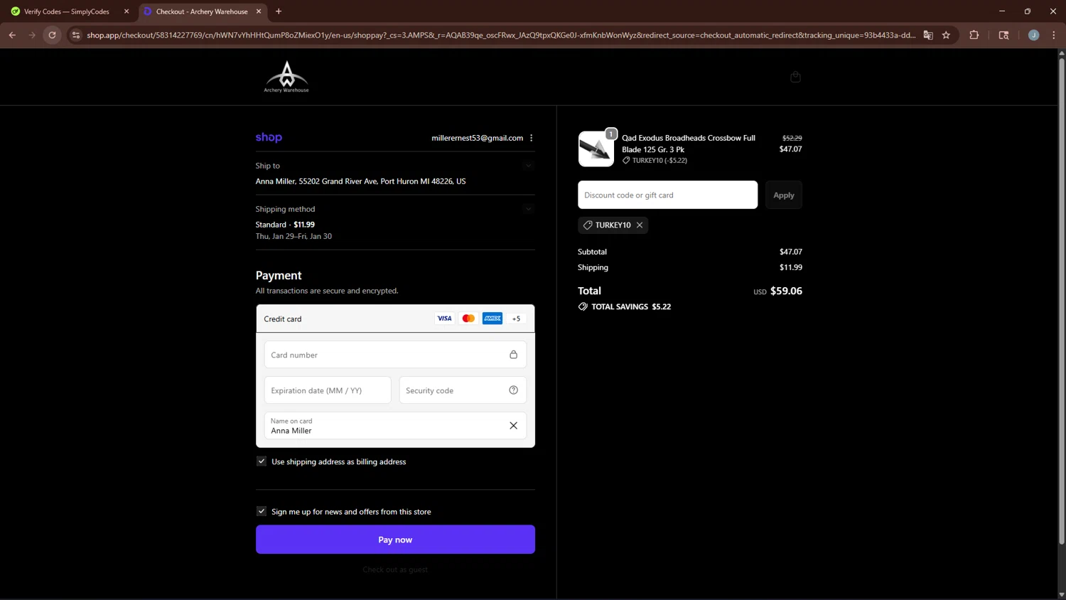 Archery Warehouse promo code screenshot showing code TURKEY10 applied at Archery Warehouse checkout page. Uploaded by SimplyCodes community member BonusGuardian249 on Jan 23, 2026