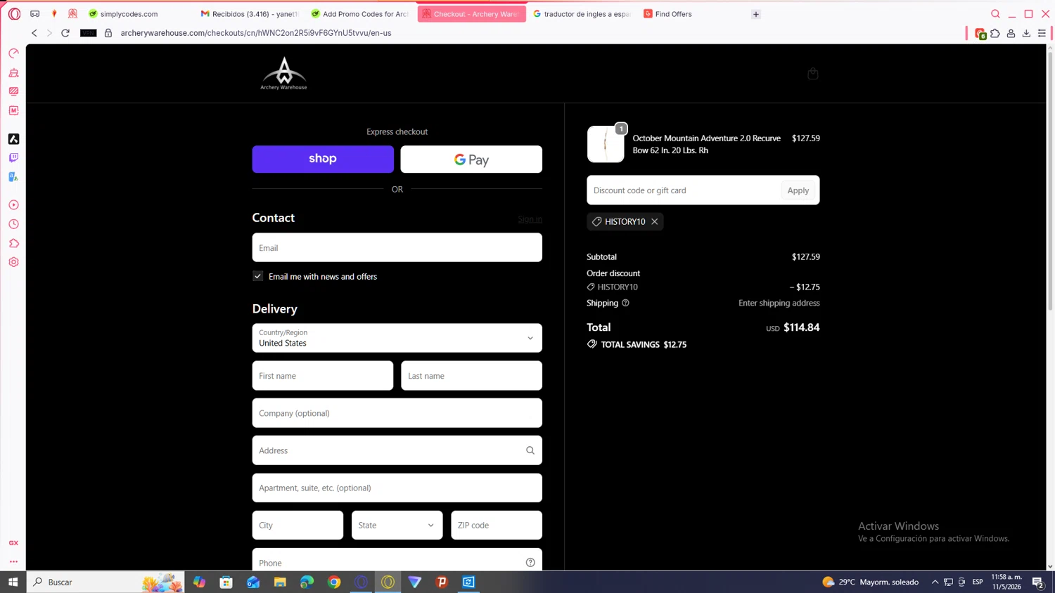 Archery Warehouse promo code screenshot showing code HISTORY10 applied at Archery Warehouse checkout page. Uploaded by SimplyCodes community member JEUGENIO on May 11, 2026