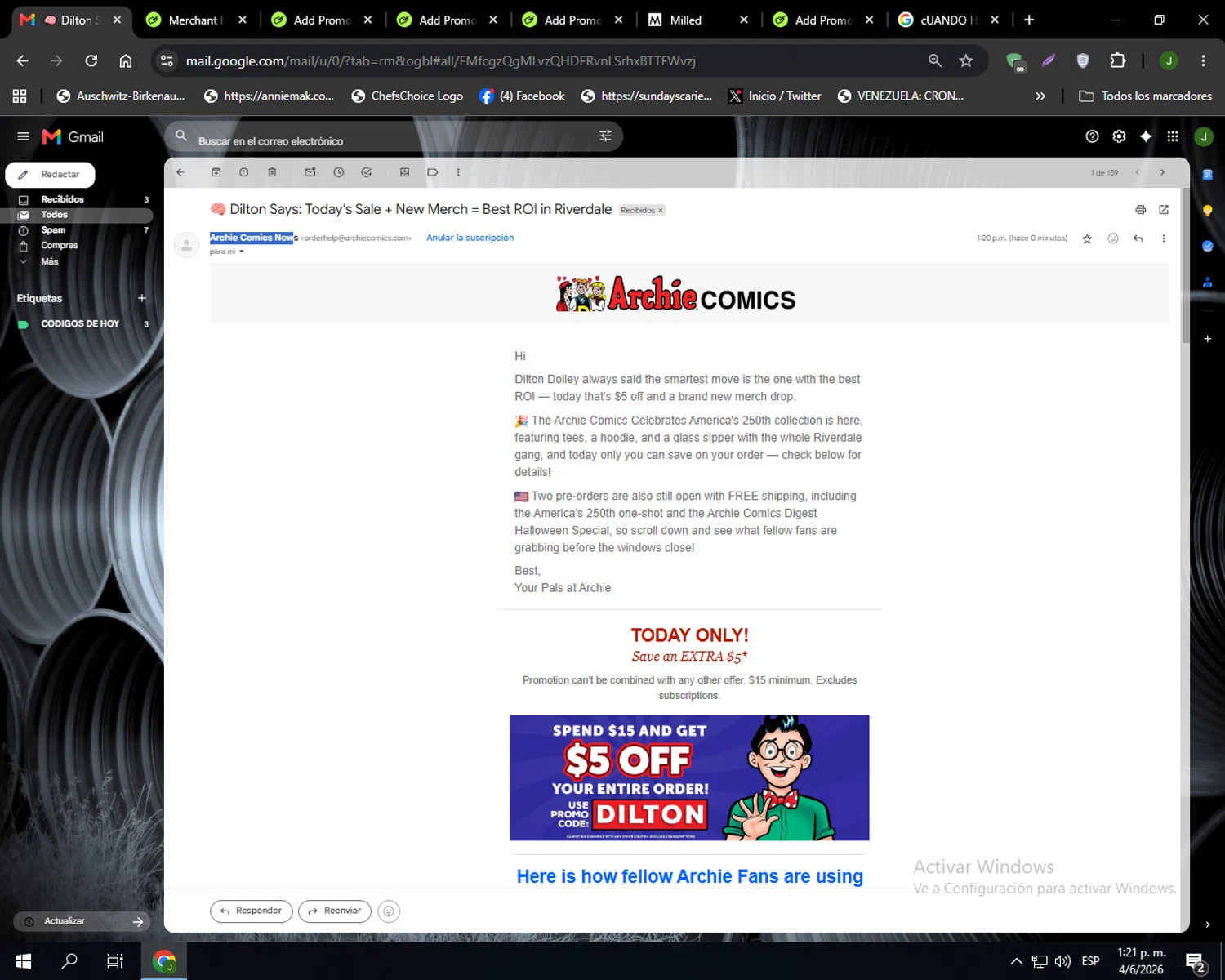 Archie Comics promo code screenshot showing code DILTON applied at Archie Comics checkout page. Uploaded by SimplyCodes community member Codehunter on Jun 4, 2026
