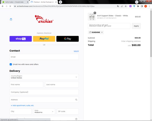 Archies Footwear checkout page showing Archies Footwear discount code box | Screenshot taken by SimplyCodes community member on Apr 13, 2024