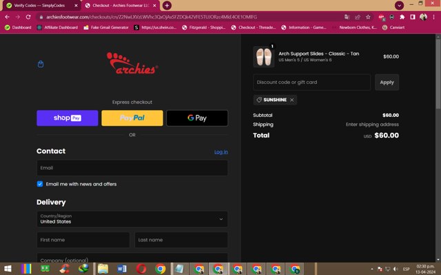 Archies Footwear checkout page showing Archies Footwear discount code box | Screenshot taken by SimplyCodes community member on Apr 13, 2024