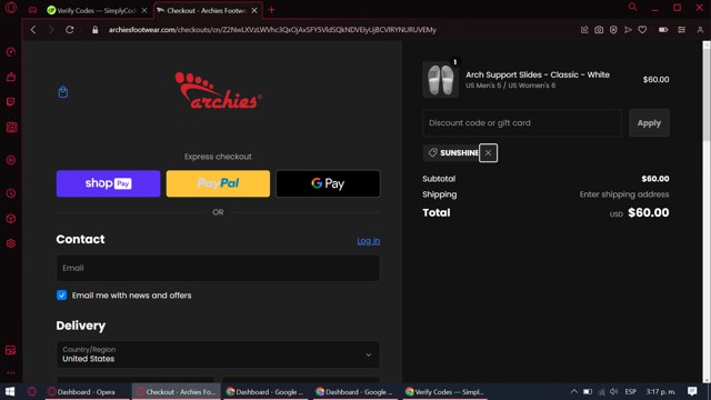 Archies Footwear checkout page showing Archies Footwear discount code box | Screenshot taken by SimplyCodes community member on Apr 12, 2024
