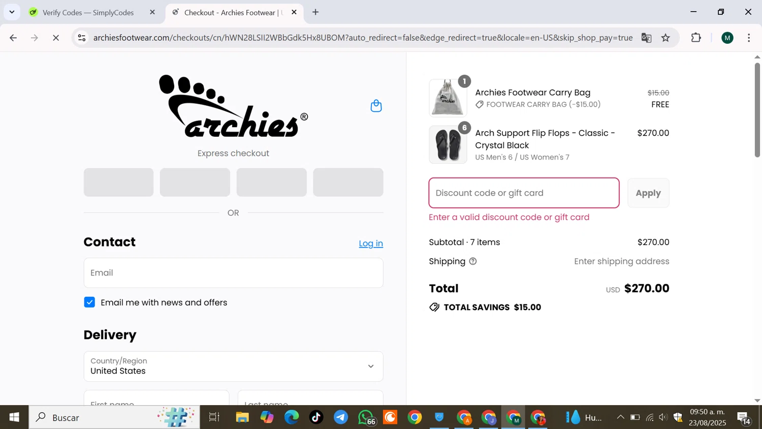 Archies Footwear discount code screenshot showing code FOOTDOCDANA10 applied at Archies Footwear checkout page. Uploaded by SimplyCodes community member JPRJOESTAR on Aug 23, 2025