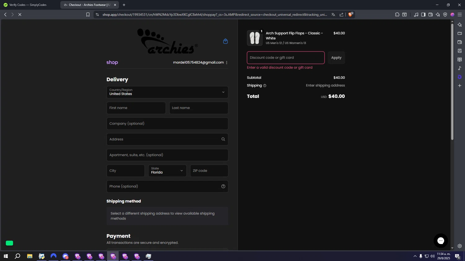 Archies Footwear discount code screenshot showing code FOOTDOCDANA10 applied at Archies Footwear checkout page. Uploaded by SimplyCodes community member Turbofast on Aug 29, 2025