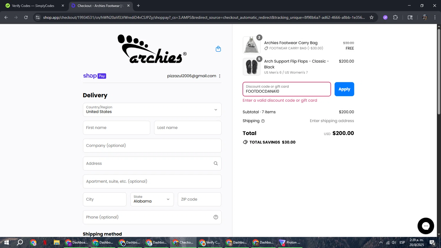 Archies Footwear discount code screenshot showing code FOOTDOCDANA10 applied at Archies Footwear checkout page. Uploaded by SimplyCodes community member xxdddd on Aug 20, 2025