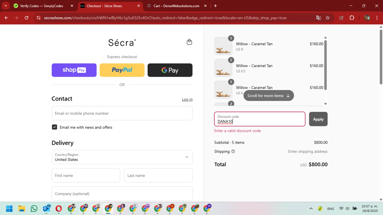 Archies Footwear discount code screenshot showing code DANA10 applied at Archies Footwear checkout page. Uploaded by SimplyCodes community member David_Gut_Sonic on Aug 18, 2025