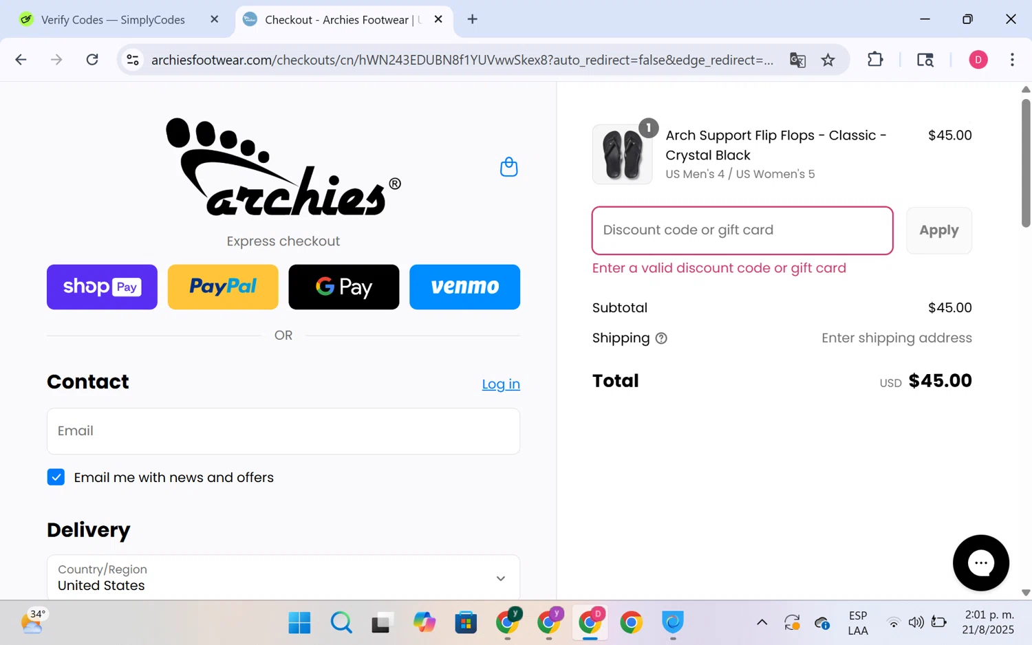 Archies Footwear discount code screenshot showing code DANA10 applied at Archies Footwear checkout page. Uploaded by SimplyCodes community member LuckyHero4650 on Aug 21, 2025