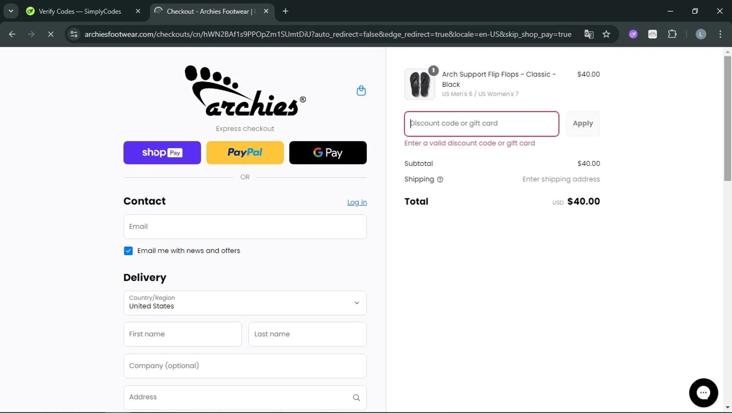 Archies Footwear discount code screenshot showing code DANA10 applied at Archies Footwear checkout page. Uploaded by SimplyCodes community member RoyalOwl5790 on Aug 24, 2025