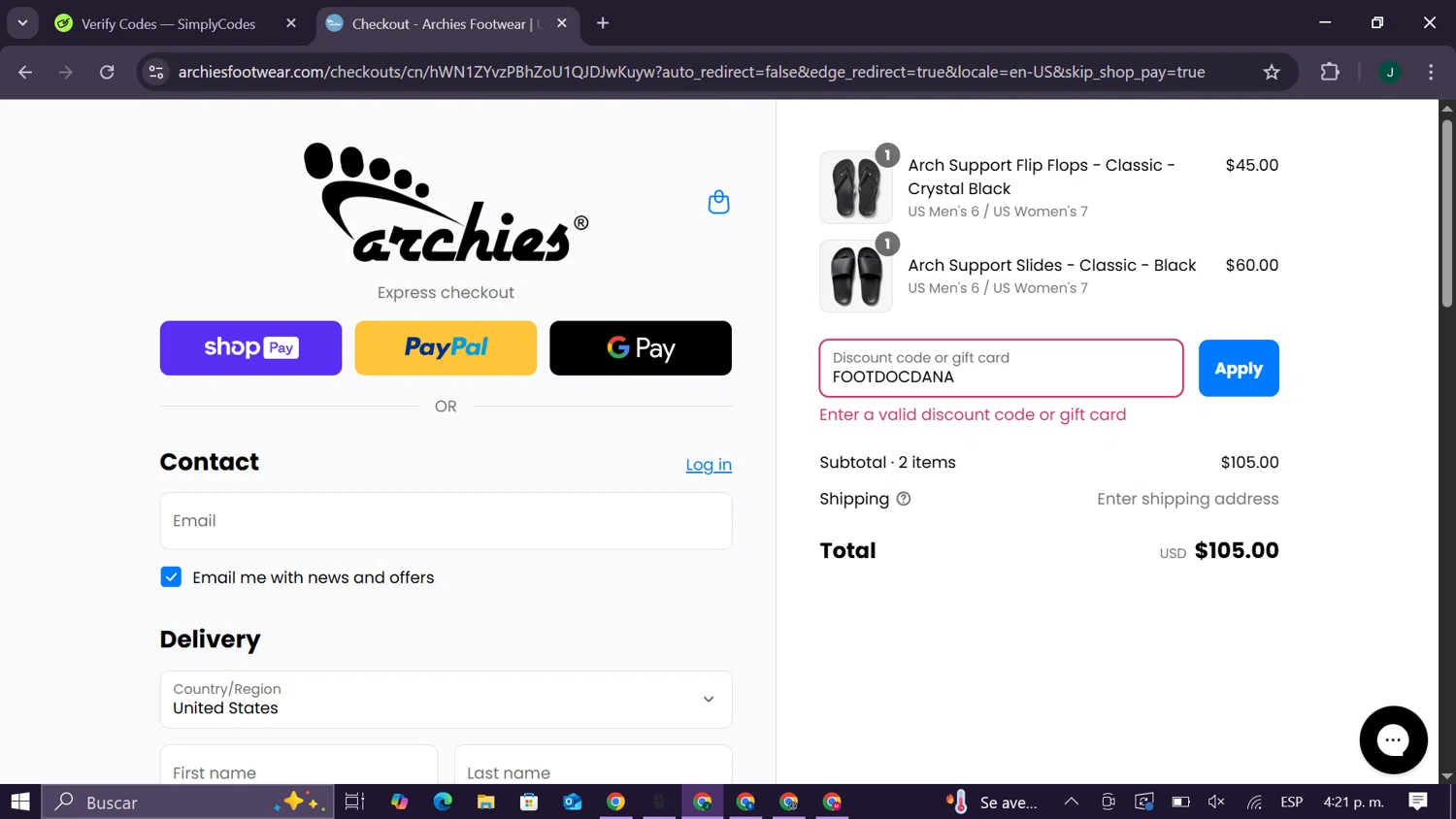 Archies Footwear discount code screenshot showing code FOOTDOCDANA applied at Archies Footwear checkout page. Uploaded by SimplyCodes community member CleverElite8110 on Aug 27, 2025