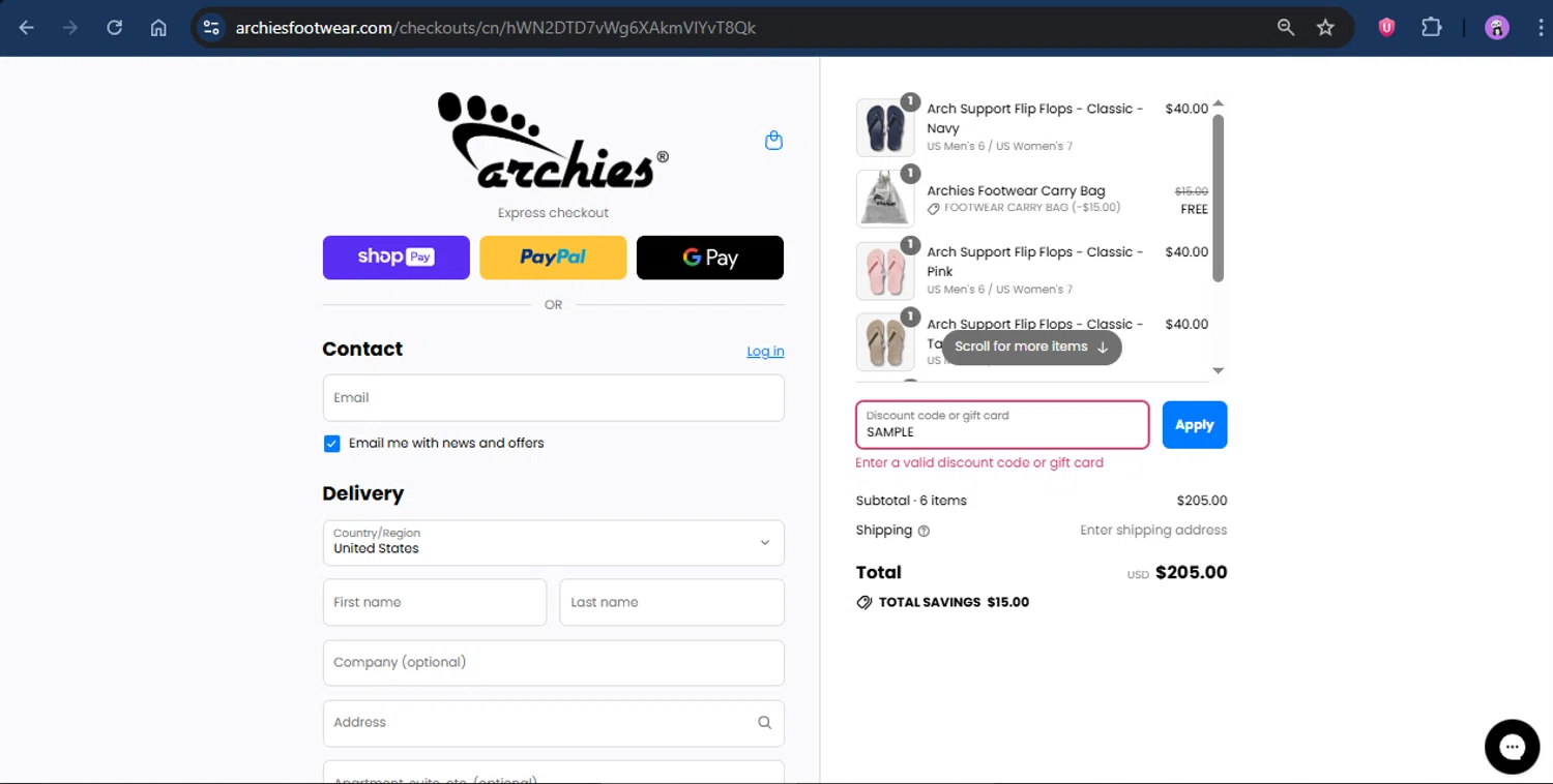 Archies Footwear discount code screenshot showing code SAMPLE applied at Archies Footwear checkout page. Uploaded by SimplyCodes community member rapc3030 on Aug 25, 2025