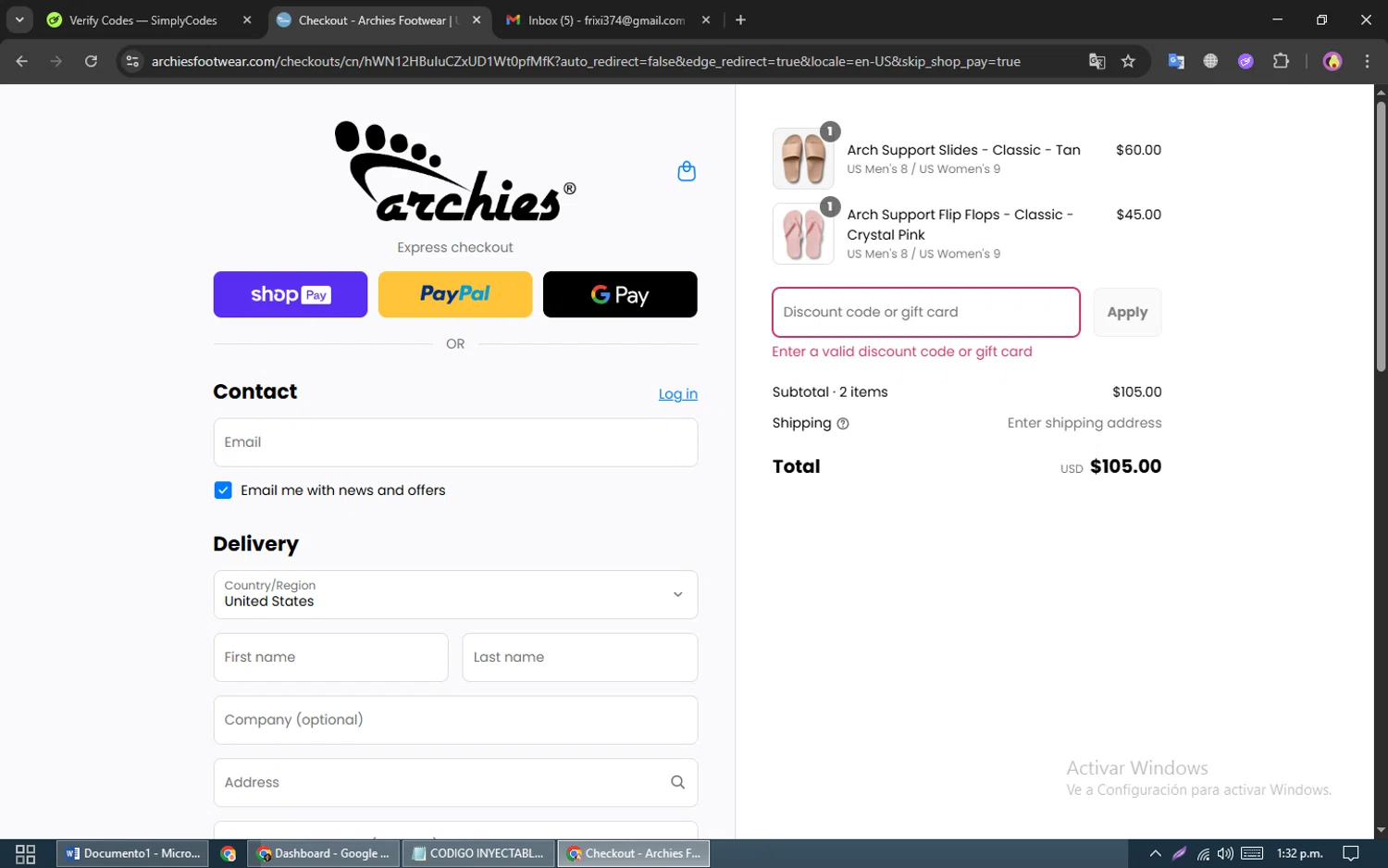 Archies Footwear discount code screenshot showing code TODAY applied at Archies Footwear checkout page. Uploaded by SimplyCodes community member LassoReyes on Aug 25, 2025