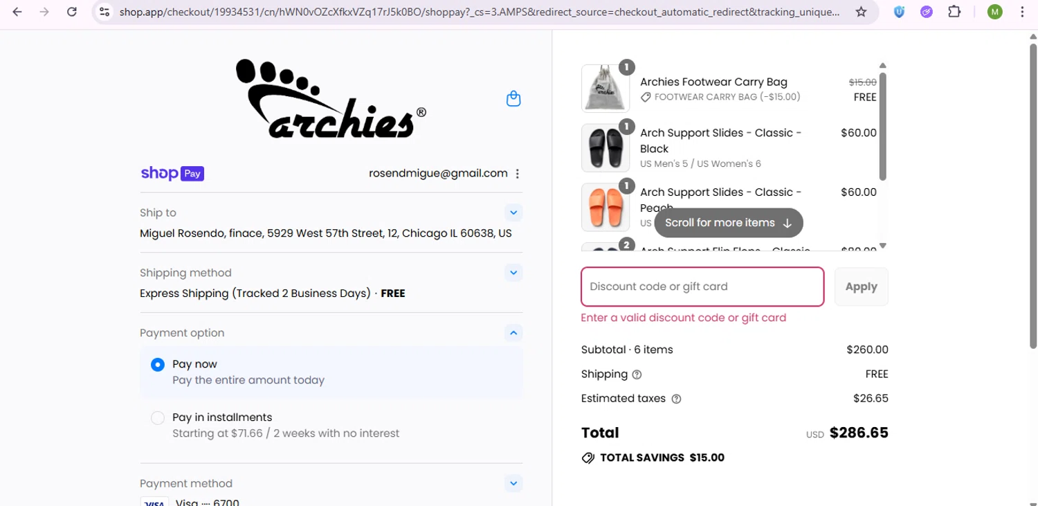 Archies Footwear discount code screenshot showing code SHIPFREE applied at Archies Footwear checkout page. Uploaded by SimplyCodes community member SaleSentinel7319 on Aug 21, 2025