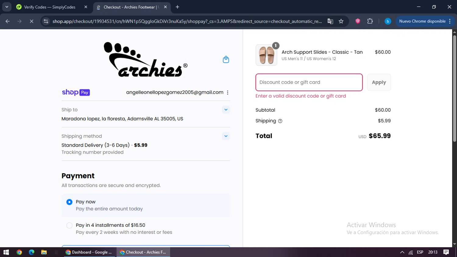 Archies Footwear discount code screenshot showing code SHIPFREE applied at Archies Footwear checkout page. Uploaded by SimplyCodes community member bilijr on Aug 22, 2025