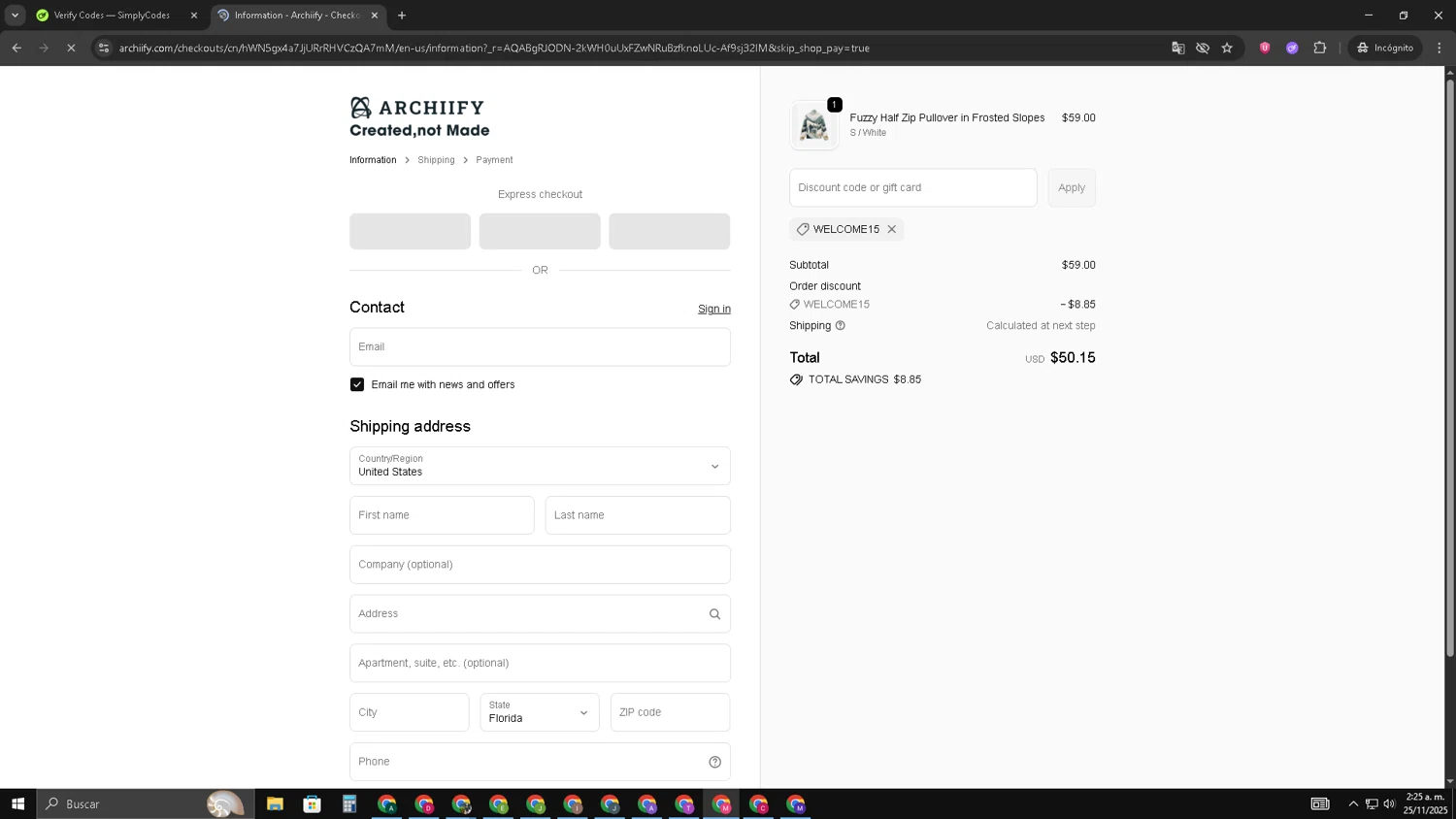 Archiify promo code screenshot showing code Welcome15 applied at Archiify checkout page. Uploaded by SimplyCodes community member CBR600 on Nov 25, 2025