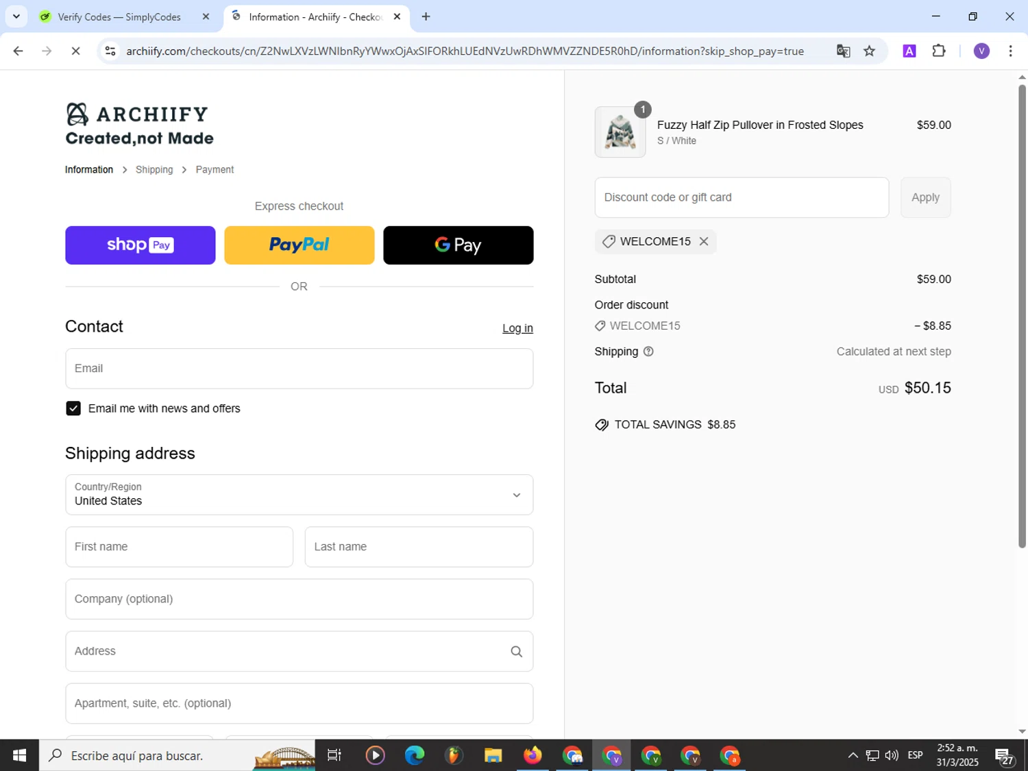 Archiify promo code screenshot showing code Welcome15 applied at Archiify checkout page. Uploaded by SimplyCodes community member Satoru_gojo on Mar 31, 2025