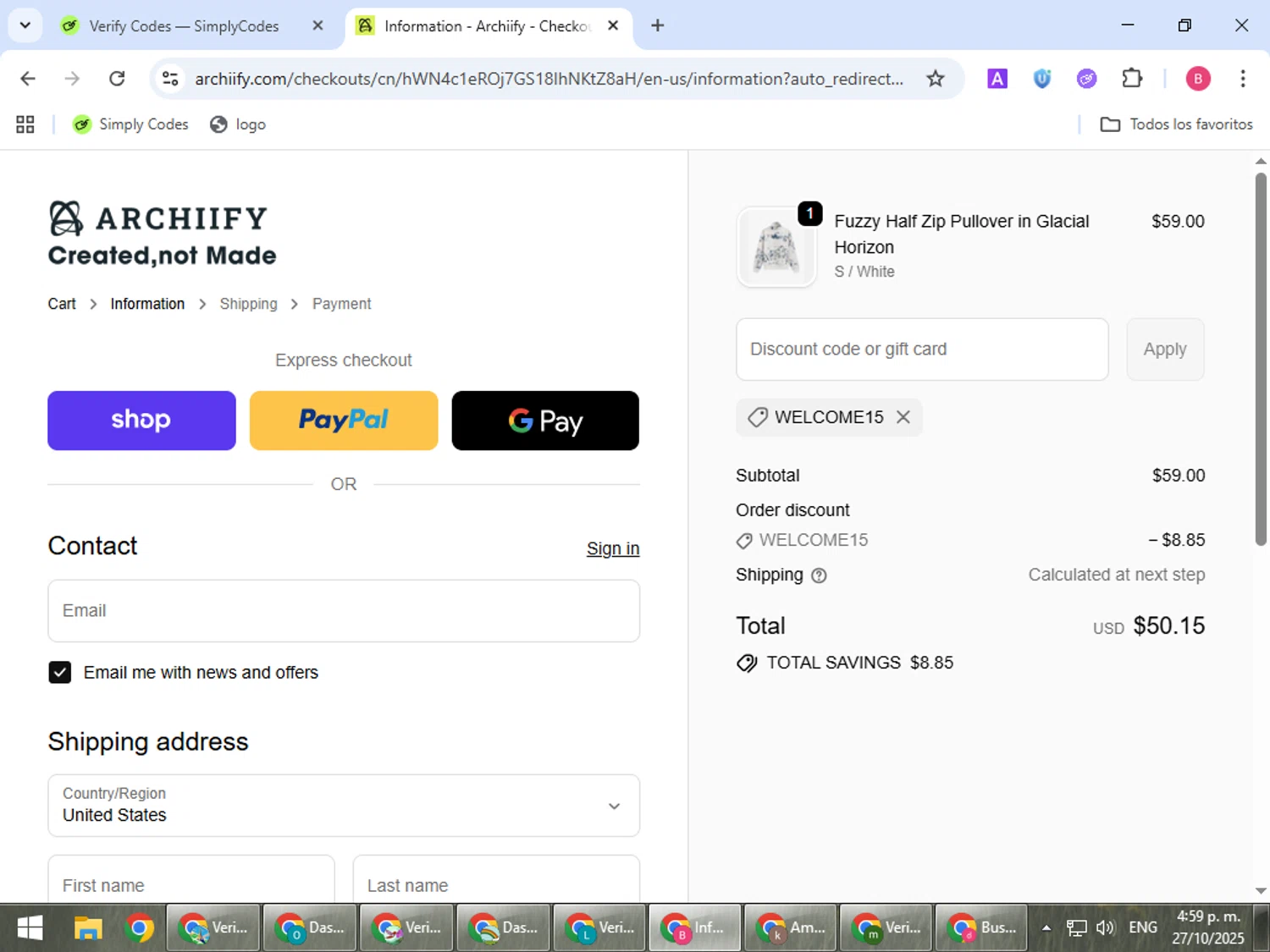 Archiify promo code screenshot showing code Welcome15 applied at Archiify checkout page. Uploaded by SimplyCodes community member bombontropical on Oct 27, 2025