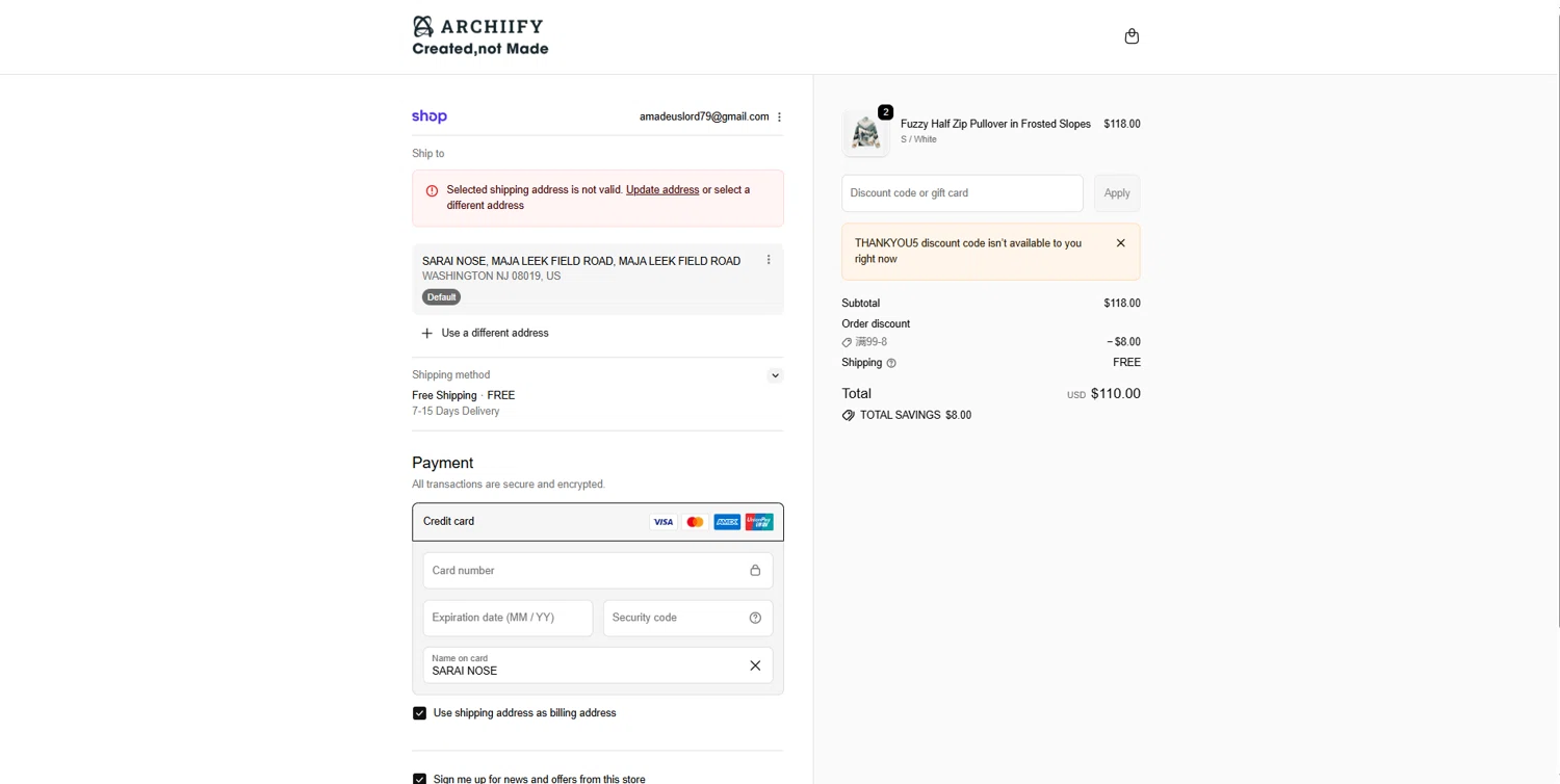 Archiify promo code screenshot showing code THANKYOU5 applied at Archiify checkout page. Uploaded by SimplyCodes community member PANDITA on Feb 9, 2026