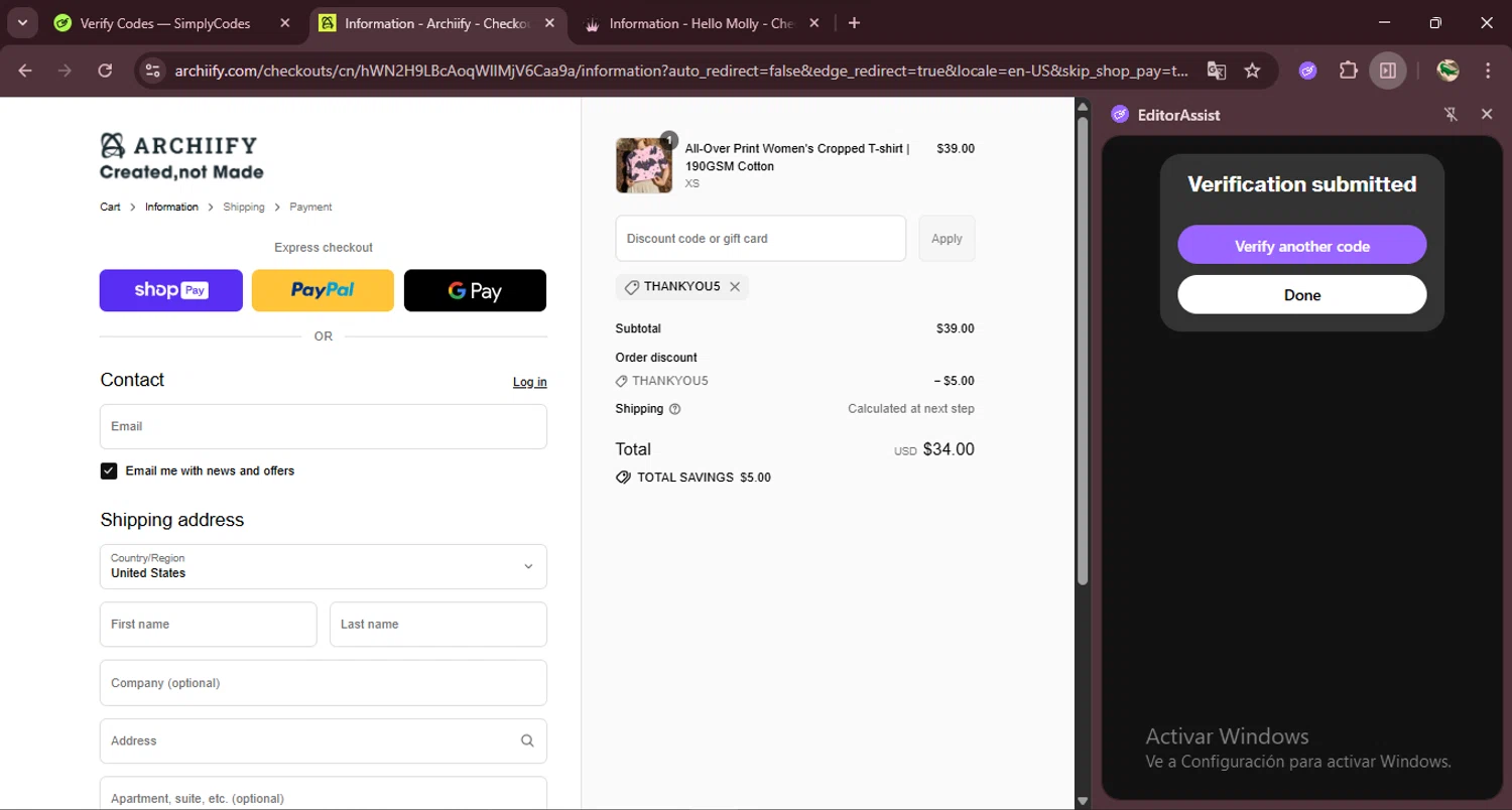 Archiify promo code screenshot showing code THANKYOU5 applied at Archiify checkout page. Uploaded by SimplyCodes community member RewardDefender7173 on Aug 27, 2025
