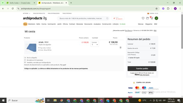 Archiproducts checkout page showing Archiproducts discount code box | Screenshot taken by SimplyCodes community member on Jul 25, 2025