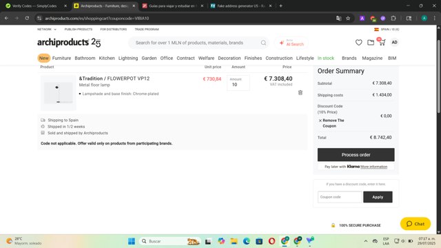 Archiproducts checkout page showing Archiproducts discount code box | Screenshot taken by SimplyCodes community member on Jul 29, 2025