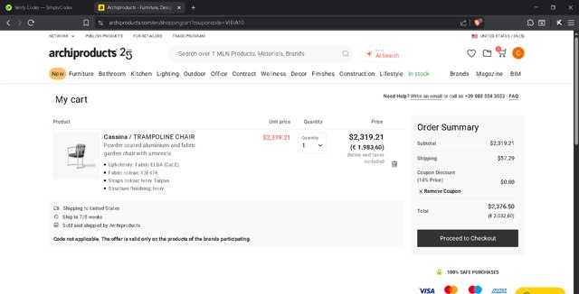 Archiproducts checkout page showing Archiproducts discount code box | Screenshot taken by SimplyCodes community member on Jun 30, 2025
