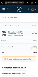WELCOME10 coupon verification screenshot