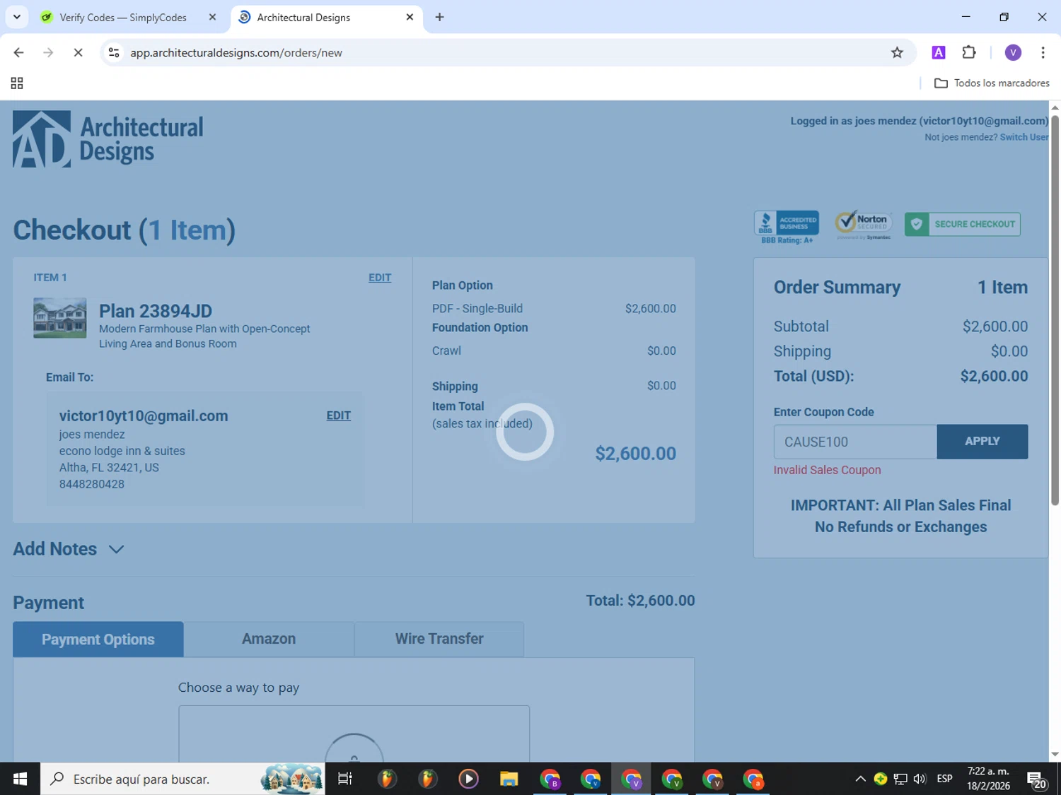 Architectural Designs promo code screenshot showing code CAUSE100 applied at Architectural Designs checkout page. Uploaded by SimplyCodes community member Gianpiero on Feb 18, 2026