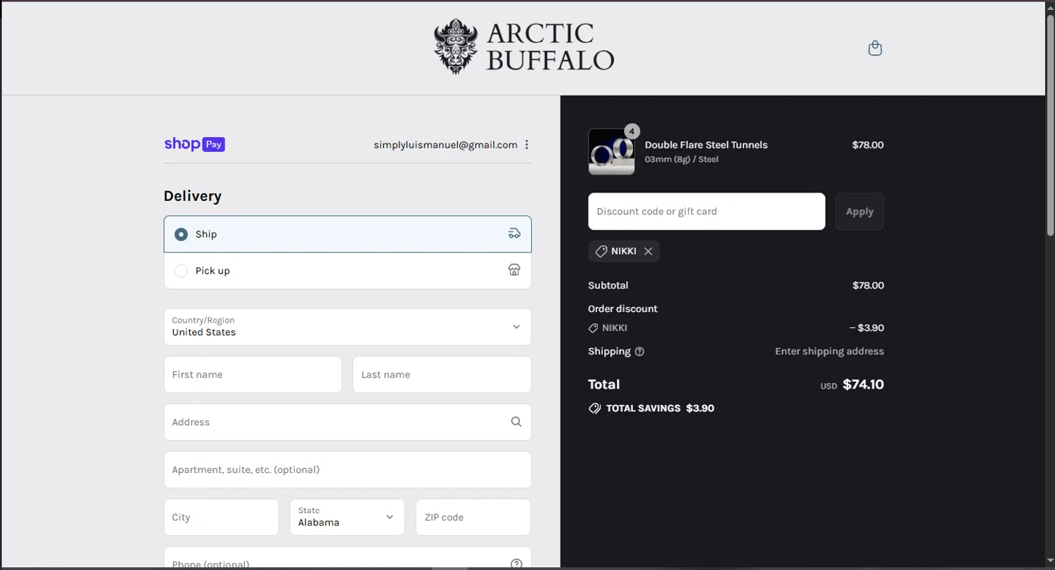 Arctic Buffalo discount code screenshot showing code NIKKI applied at Arctic Buffalo checkout page. Uploaded by SimplyCodes community member CouponHero3179 on Aug 25, 2025
