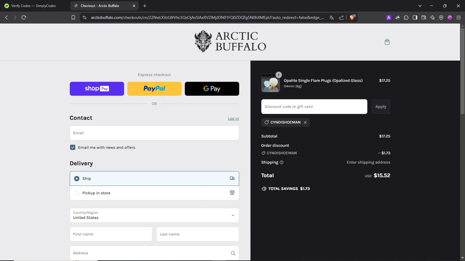 Arctic Buffalo discount code screenshot showing code CYNDISHOEMAN applied at Arctic Buffalo checkout page. Uploaded by SimplyCodes community member Morrachida04 on Mar 11, 2025