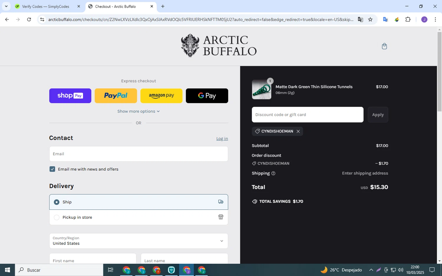 Arctic Buffalo discount code screenshot showing code CYNDISHOEMAN applied at Arctic Buffalo checkout page. Uploaded by SimplyCodes community member MoneyPro9023 on Mar 11, 2025