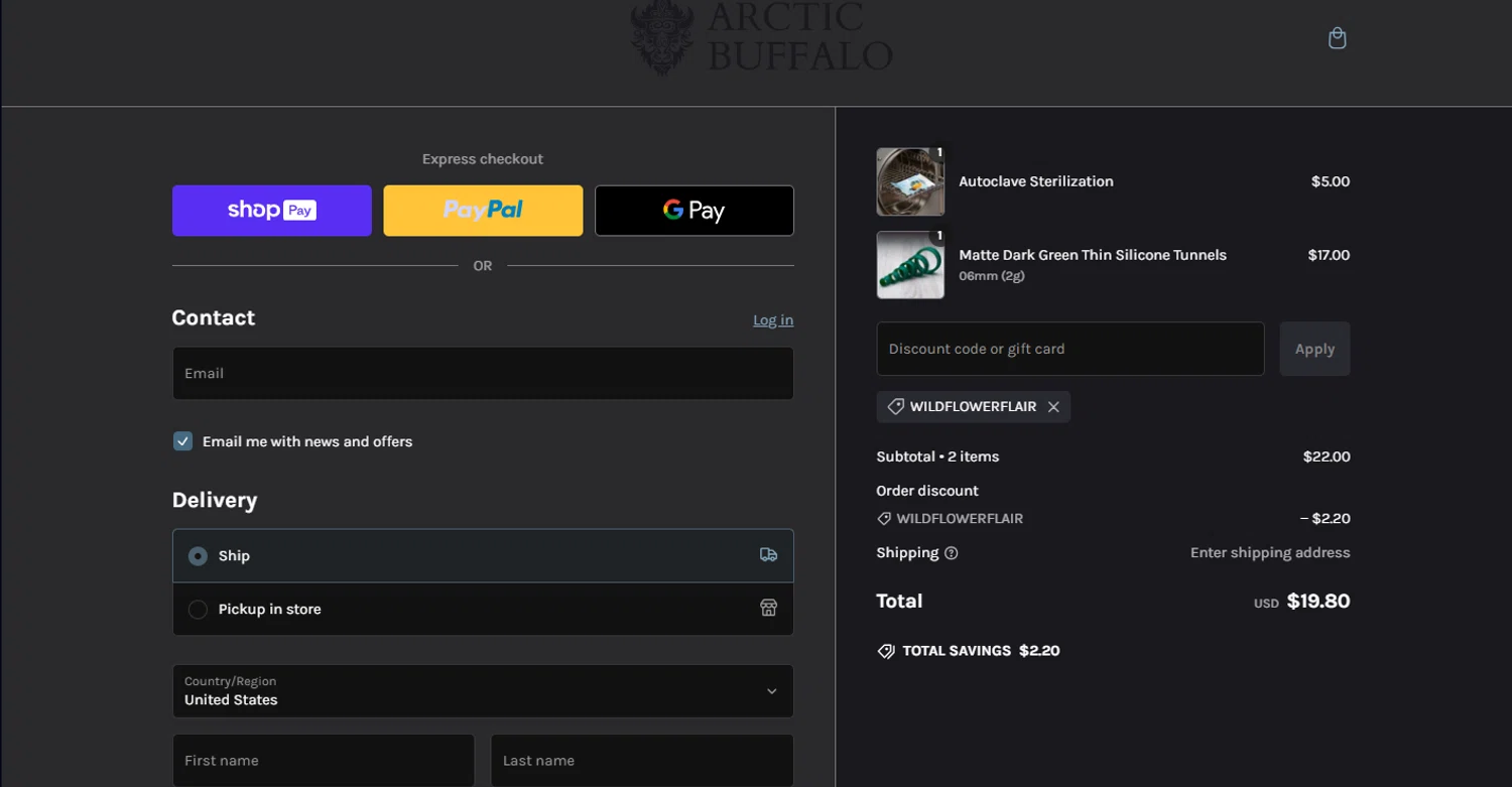 Arctic Buffalo discount code screenshot showing code WILDFLOWERFLAIR applied at Arctic Buffalo checkout page. Uploaded by SimplyCodes community member HobieBrown on Dec 31, 2024