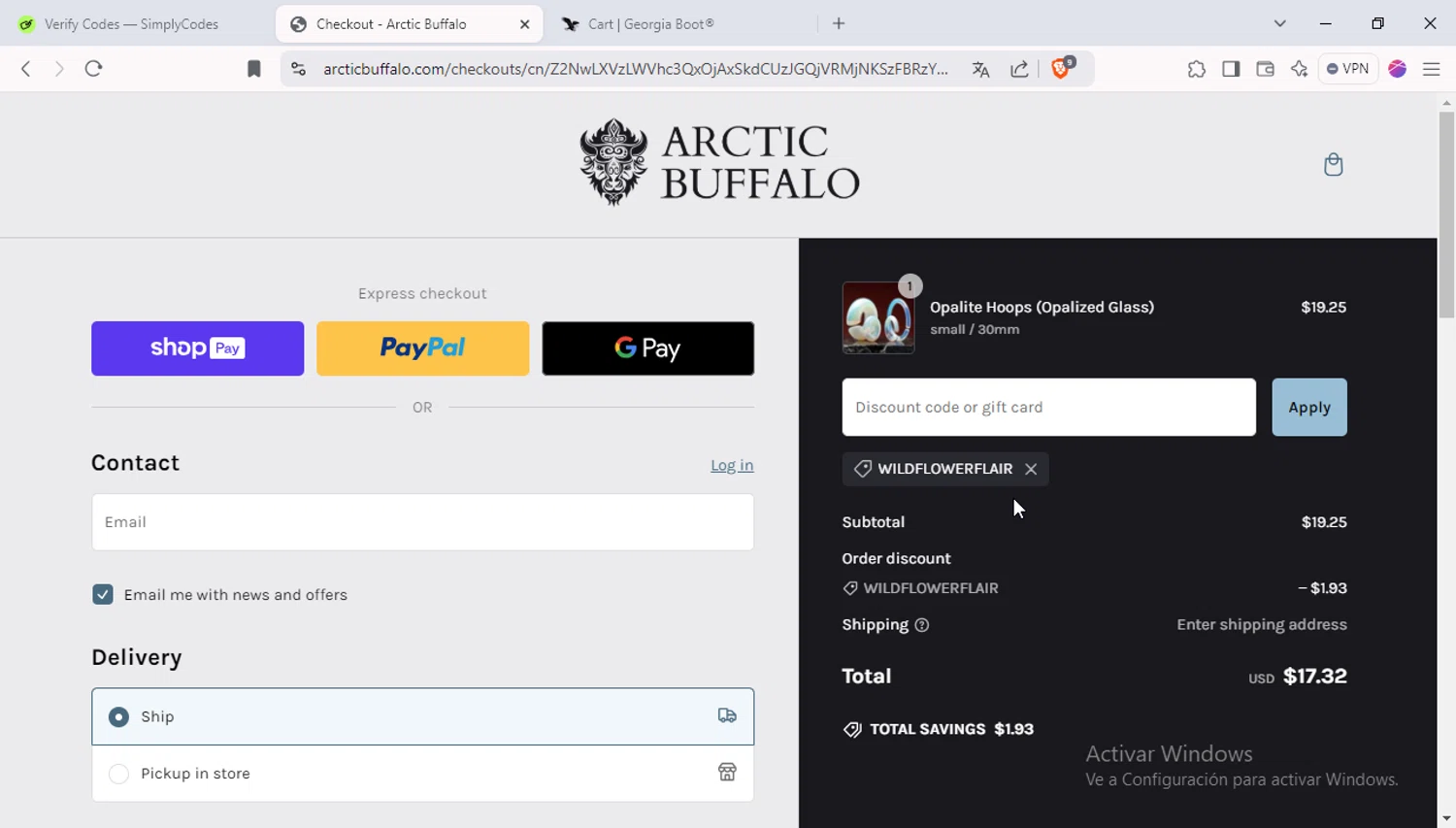 Arctic Buffalo discount code screenshot showing code WILDFLOWERFLAIR applied at Arctic Buffalo checkout page. Uploaded by SimplyCodes community member 1p1p1p on Dec 31, 2024