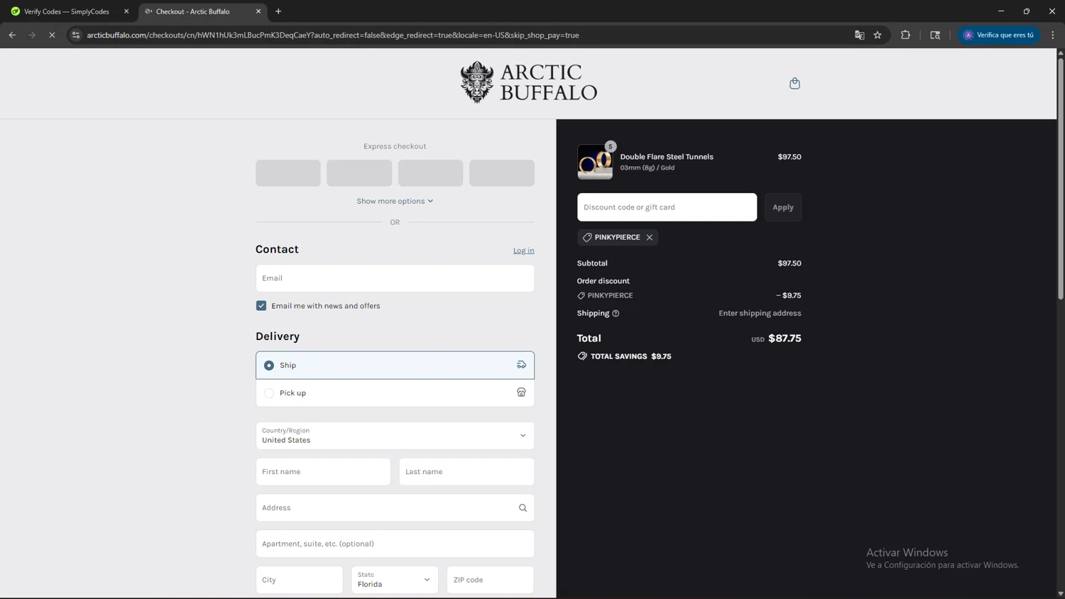 Arctic Buffalo discount code screenshot showing code PINKYPIERCE applied at Arctic Buffalo checkout page. Uploaded by SimplyCodes community member SAKURA on Aug 12, 2025