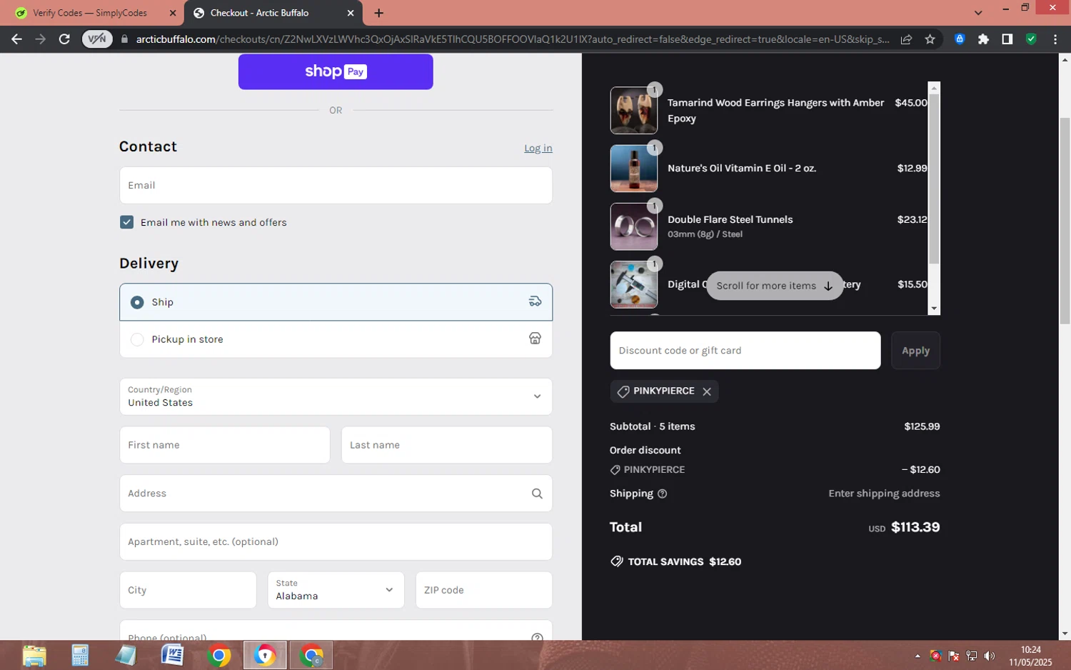 Arctic Buffalo discount code screenshot showing code PINKYPIERCE applied at Arctic Buffalo checkout page. Uploaded by SimplyCodes community member EpicHero3429 on May 11, 2025