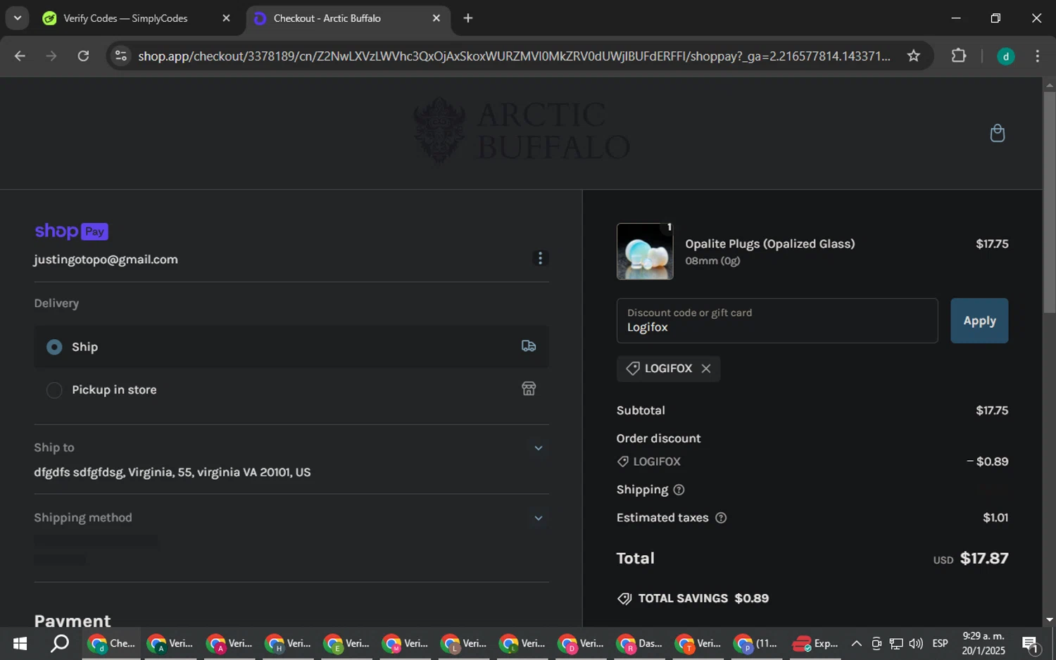 Arctic Buffalo discount code screenshot showing code Logifox applied at Arctic Buffalo checkout page. Uploaded by SimplyCodes community member HEROESCUDA on Jan 20, 2025