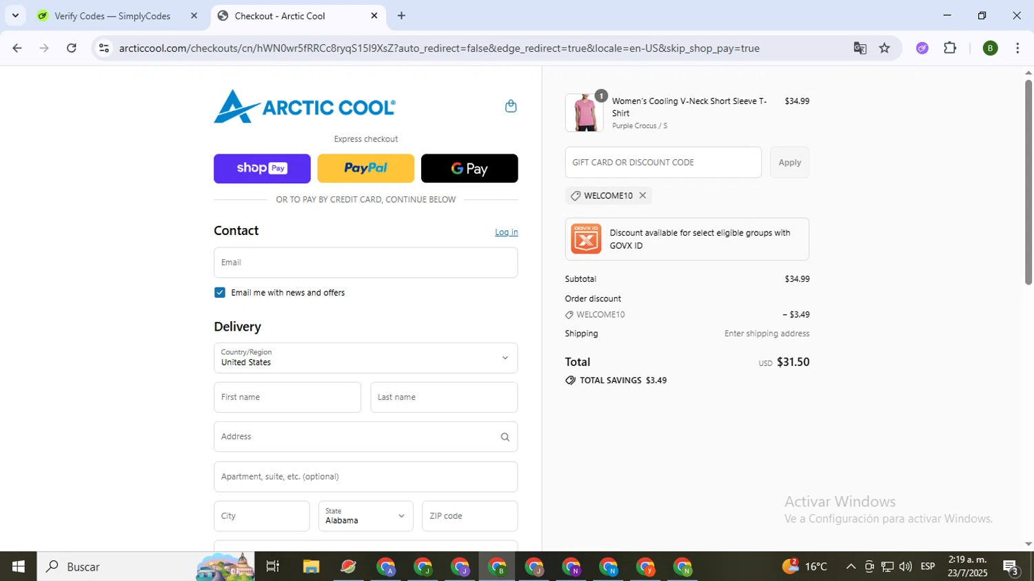 Arctic Cool discount code screenshot showing code Welcome10 applied at Arctic Cool checkout page. Uploaded by SimplyCodes community member SaleVirtuoso5993 on Jul 23, 2025