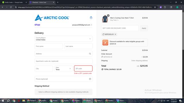 Arctic Cool checkout page showing Arctic Cool discount code box | Screenshot taken by SimplyCodes community member on Sep 12, 2025