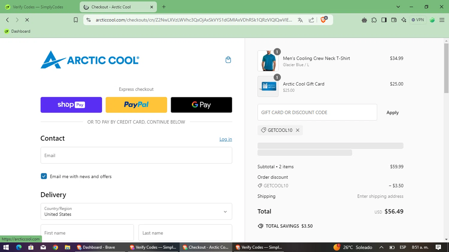 Arctic Cool discount code screenshot showing code GETCOOL10 applied at Arctic Cool checkout page. Uploaded by SimplyCodes community member LegendaryMaestro9761 on Dec 28, 2024