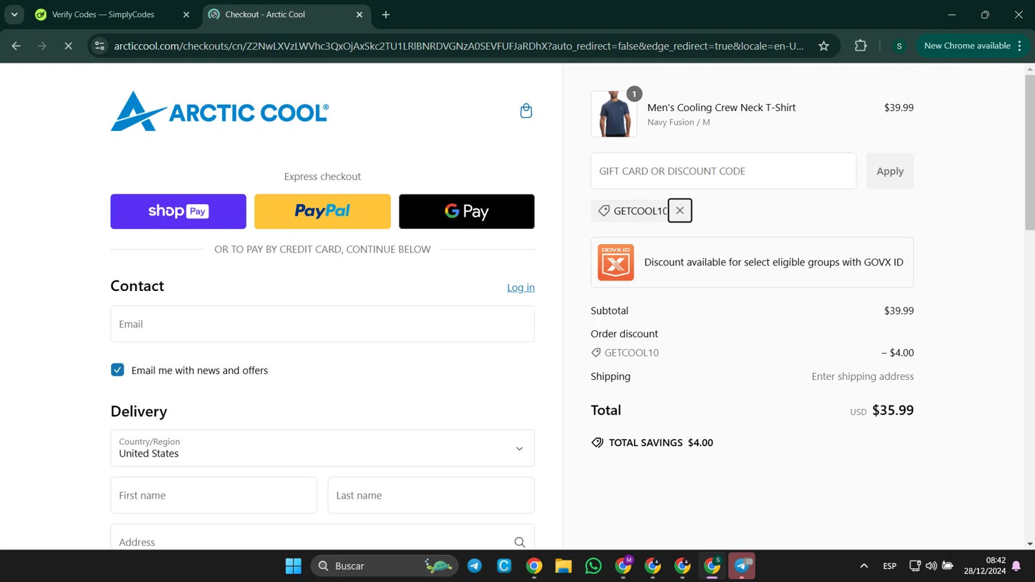 Arctic Cool discount code screenshot showing code GETCOOL10 applied at Arctic Cool checkout page. Uploaded by SimplyCodes community member SaleHunter9008 on Dec 28, 2024