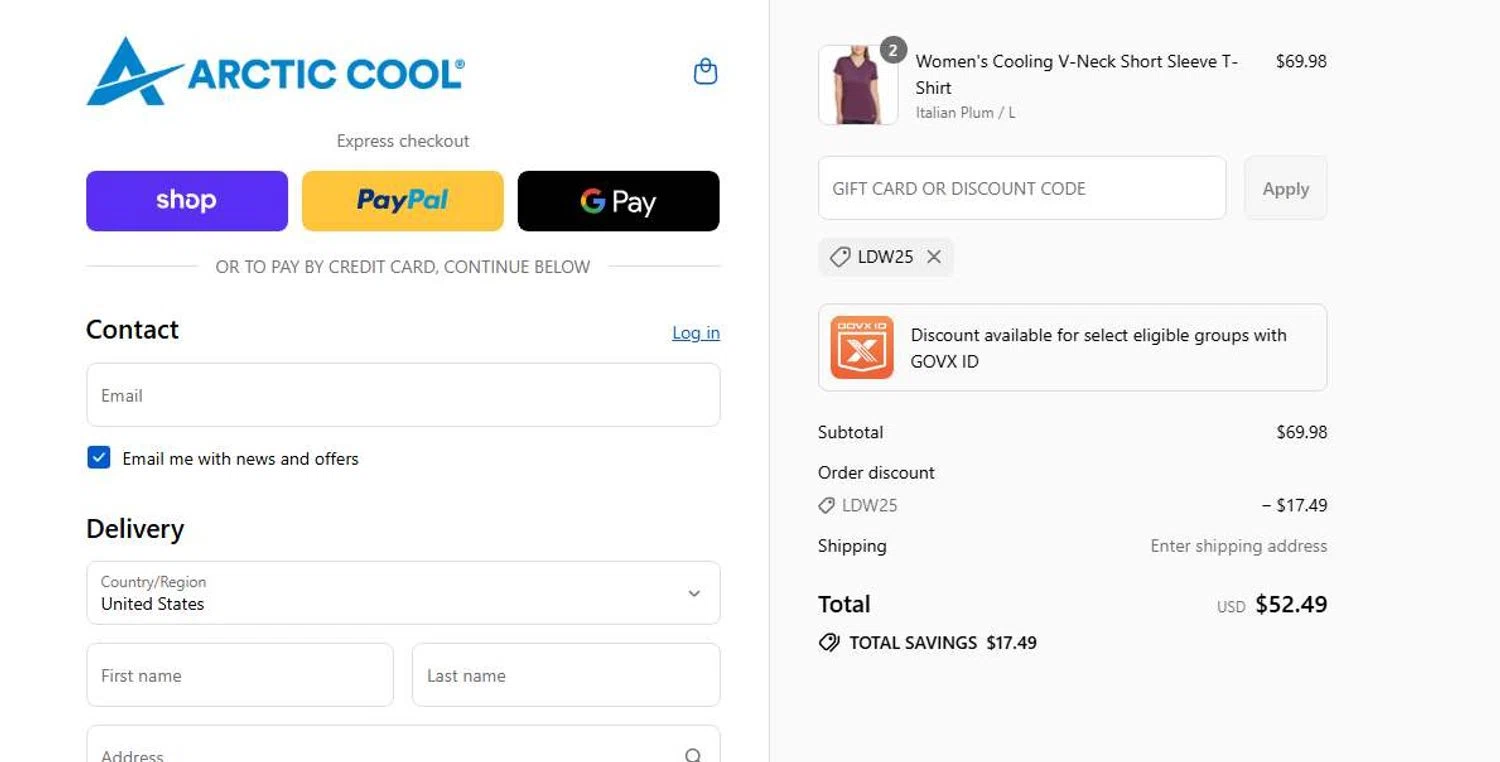 Arctic Cool discount code screenshot showing code ldw25 applied at Arctic Cool checkout page. Uploaded by SimplyCodes community member 6d796e616d656973 on Aug 29, 2025