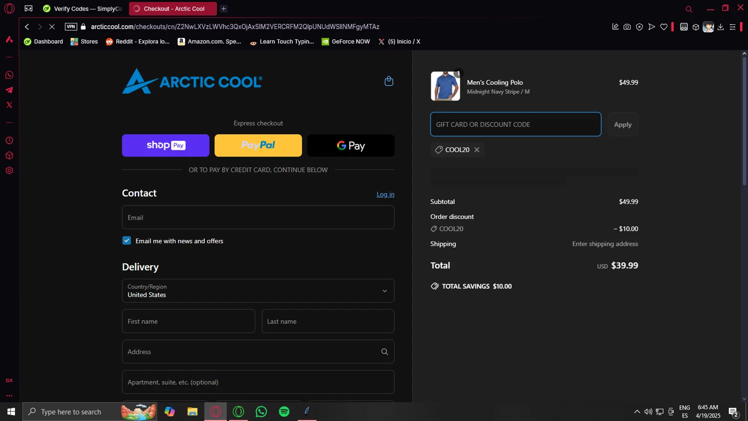 Arctic Cool discount code screenshot showing code COOL20 applied at Arctic Cool checkout page. Uploaded by SimplyCodes community member Eliott on Apr 19, 2025