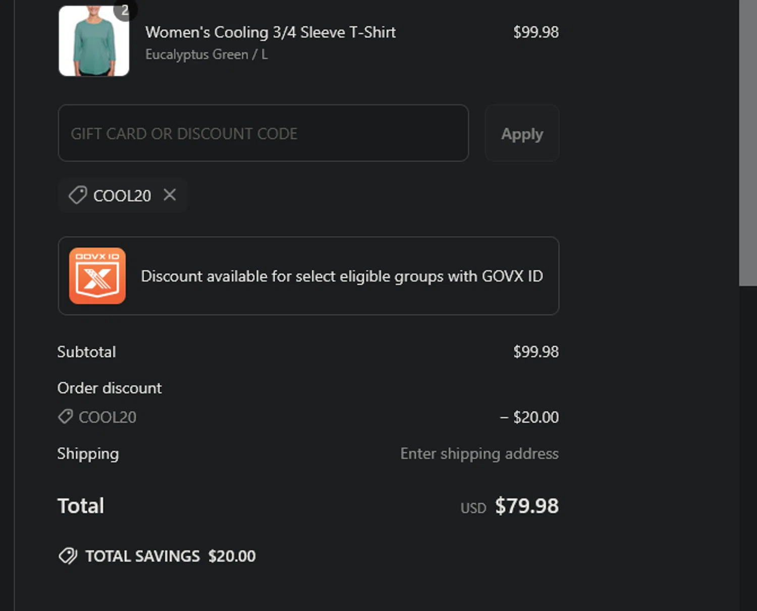 Arctic Cool discount code screenshot showing code COOL20 applied at Arctic Cool checkout page. Uploaded by SimplyCodes community member xocelot44x on Mar 21, 2025