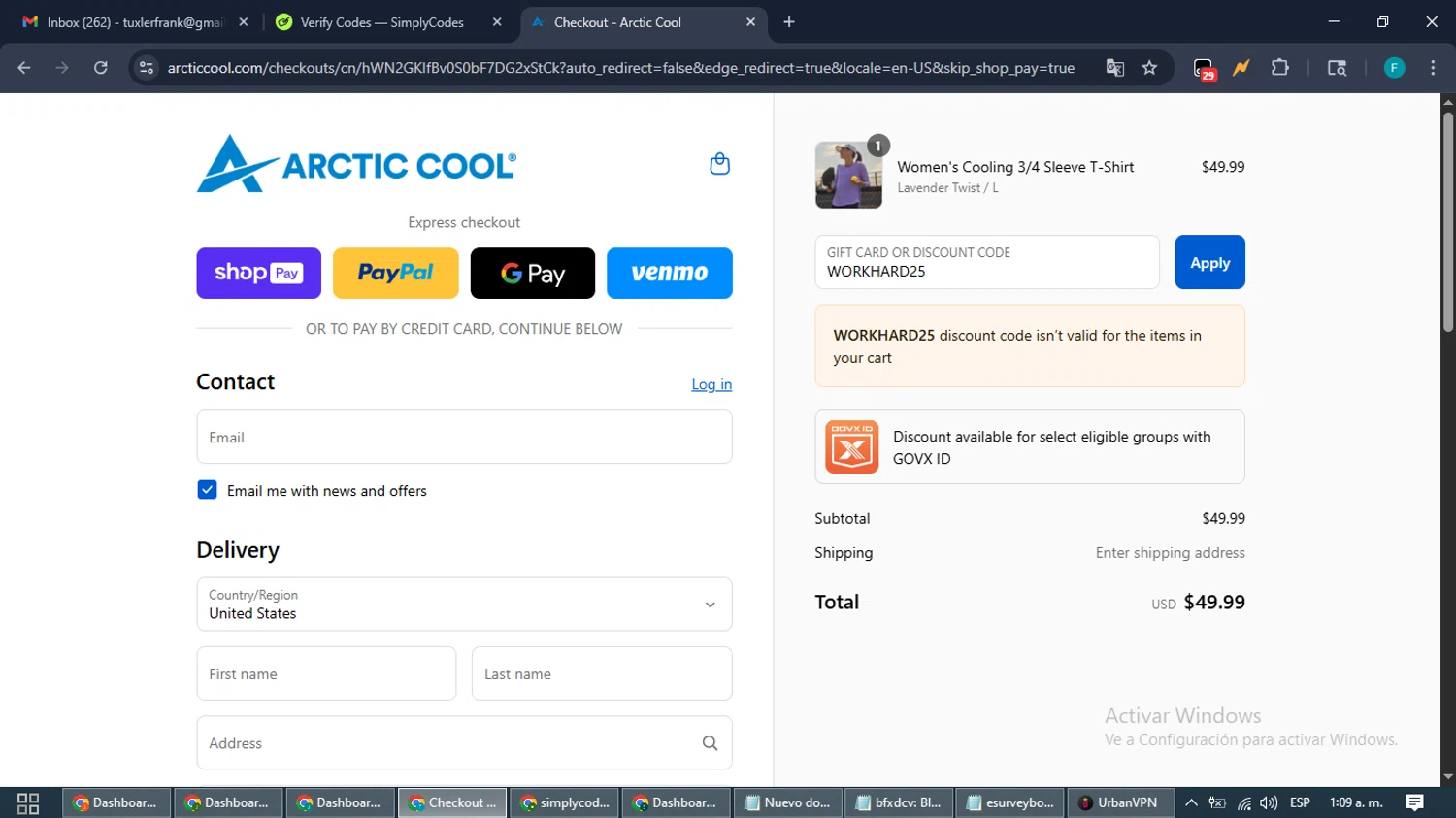 Arctic Cool discount code screenshot showing code WORKHARD25 applied at Arctic Cool checkout page. Uploaded by SimplyCodes community member ShrewdTitan3233 on Aug 26, 2025