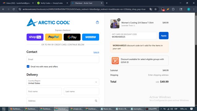 Arctic Cool checkout page showing Arctic Cool discount code box | Screenshot taken by SimplyCodes community member on Aug 26, 2025