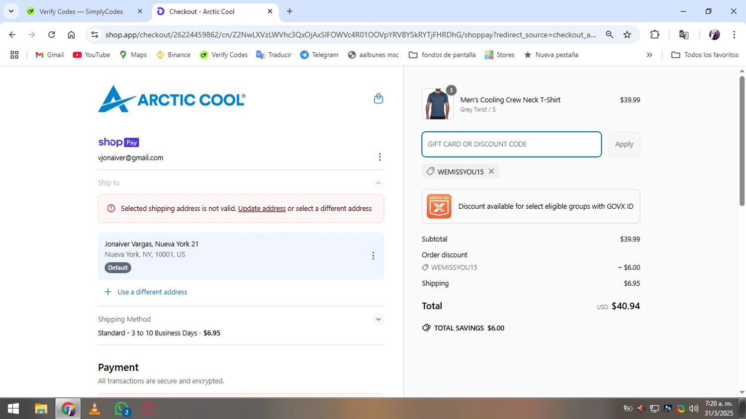 Arctic Cool discount code screenshot showing code WEMISSYOU15 applied at Arctic Cool checkout page. Uploaded by SimplyCodes community member lamineyamal on Mar 31, 2025