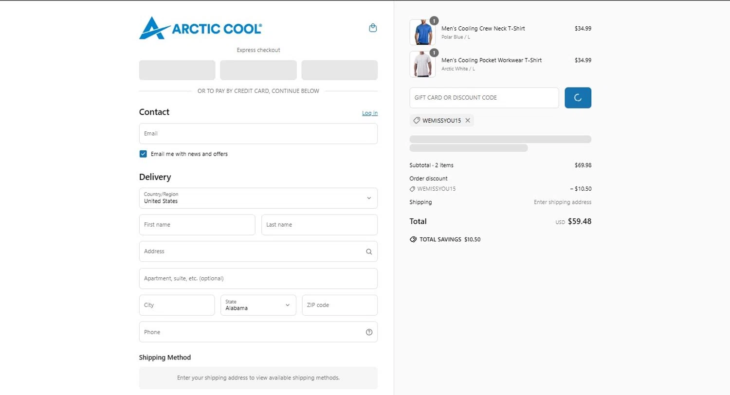 Arctic Cool discount code screenshot showing code WEMISSYOU15 applied at Arctic Cool checkout page. Uploaded by SimplyCodes community member VictoriousSpotter2855 on Jun 12, 2025