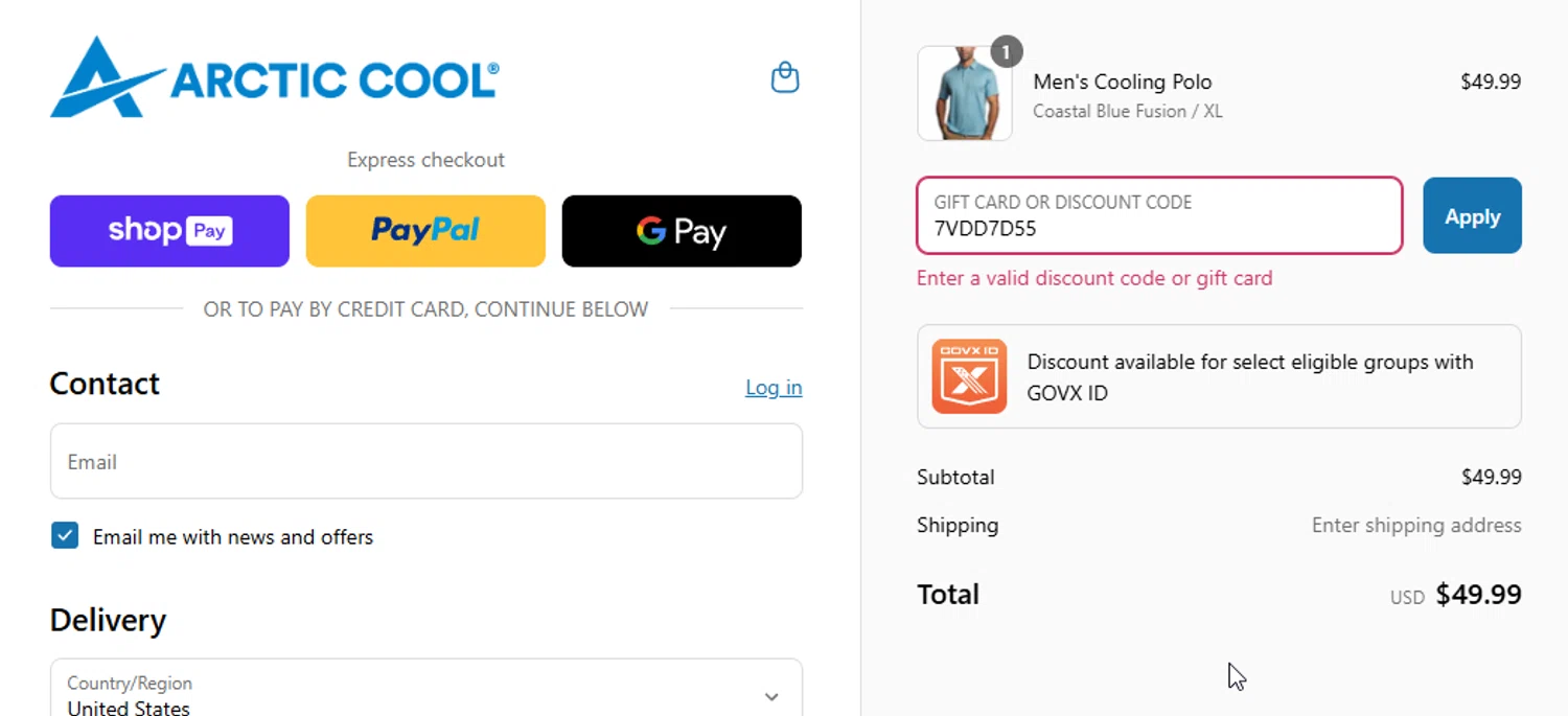 Arctic Cool discount code screenshot showing code 7VDD7D55 applied at Arctic Cool checkout page. Uploaded by SimplyCodes community member Prospecto on Jul 27, 2025
