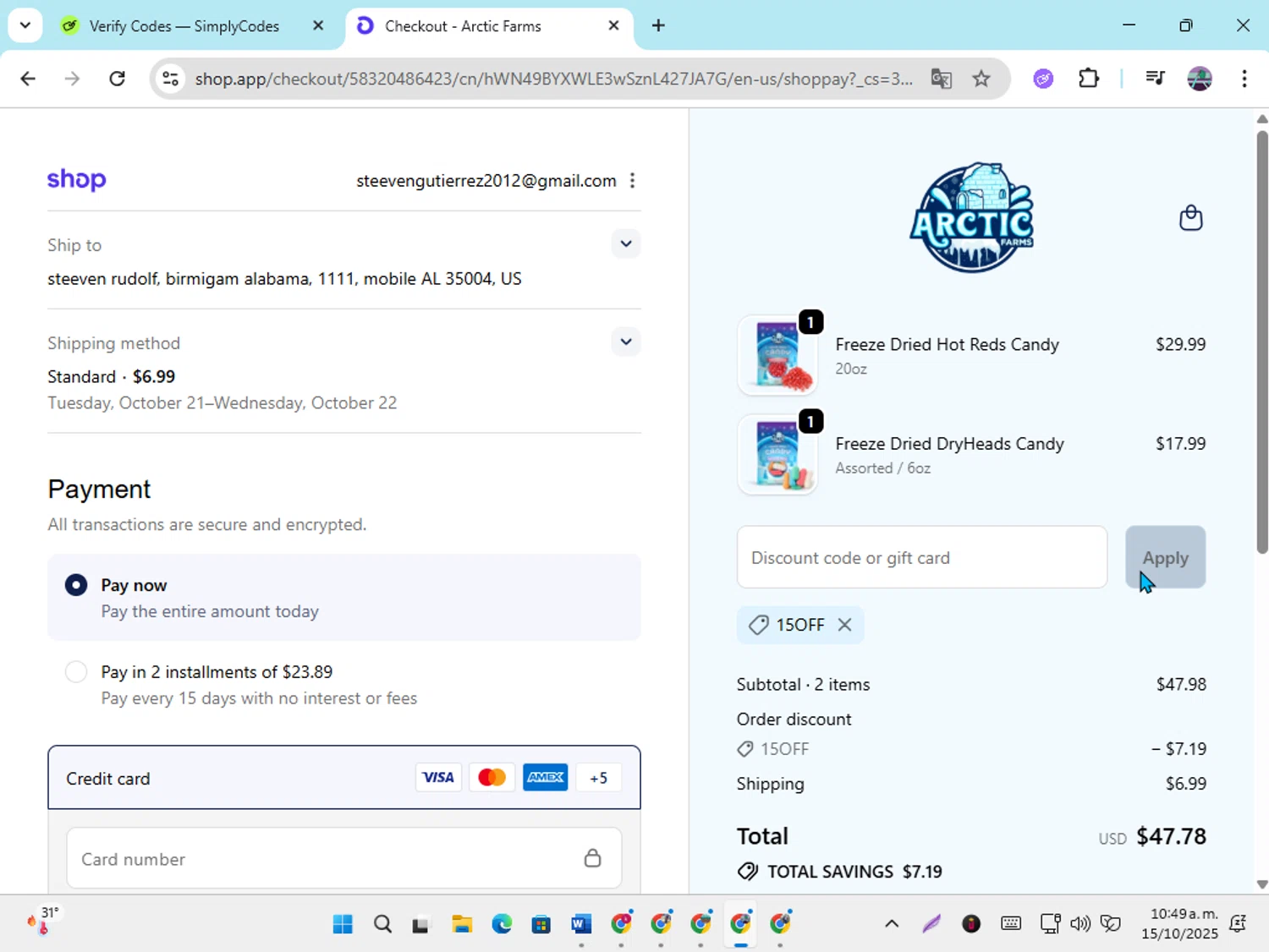 Arctic Farms promo code screenshot showing code 15OFF applied at Arctic Farms checkout page. Uploaded by SimplyCodes community member DiscountGenius6081 on Oct 15, 2025