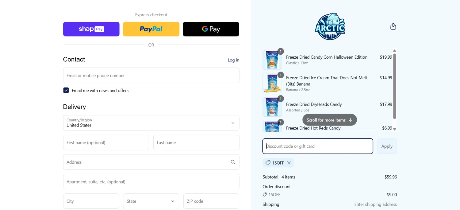 Arctic Farms promo code screenshot showing code 15OFF applied at Arctic Farms checkout page. Uploaded by SimplyCodes community member HoneyJean on Mar 17, 2025